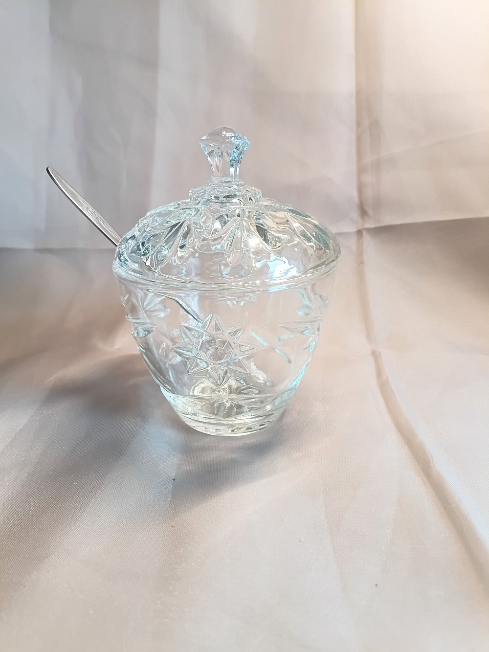 Anchor Hocking Clear Pressed Glass Covered Sugar Bowl with Spoon
